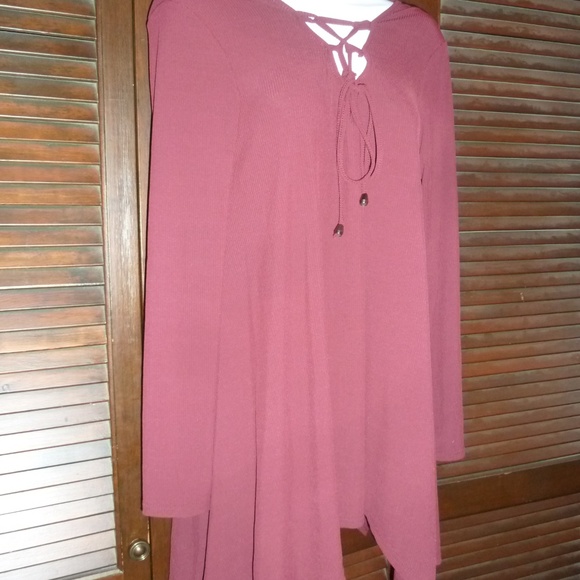 Dark Burgundy Tunic Top, Tie Front, Long Sleeve, M - Picture 3 of 7